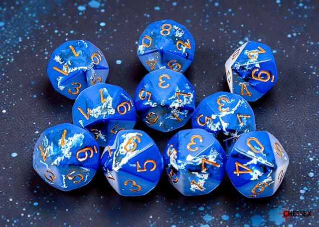 Blue polyhedral dice set with gold numbers on a dark starry background