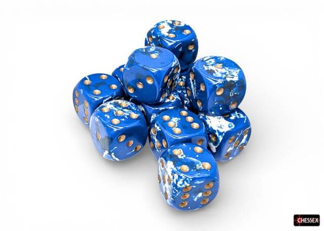 Blue dice with gold pips on a white background