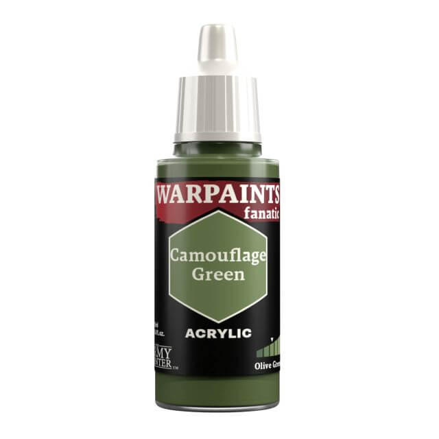 A bottle of Warpaints Fanatic Camouflage Green acrylic paint.