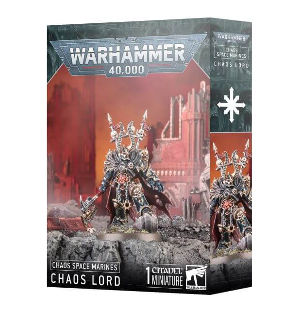 Product packaging for Warhammer 40,000 Chaos Space Marines Chaos Lord miniature, featuring the miniature itself on the front with a red and grey design, and a cityscape background.