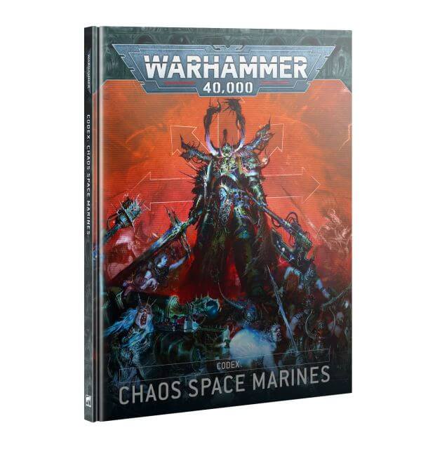 Cover of the Warhammer 40,000 Codex book on Chaos Space Marines featuring artwork with daemonic allies and insane cultists.