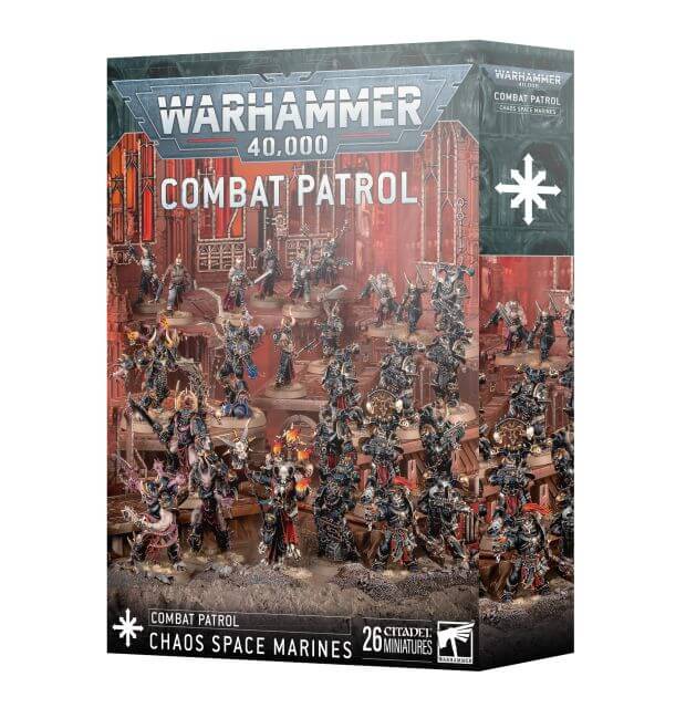 Product packaging for Warhammer 40,000 Combat Patrol featuring Chaos Space Marines. The box is predominantly red and features illustrations of the miniatures included in the set.