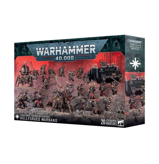 Warhammer 40,000 game box with miniatures on a red and black background