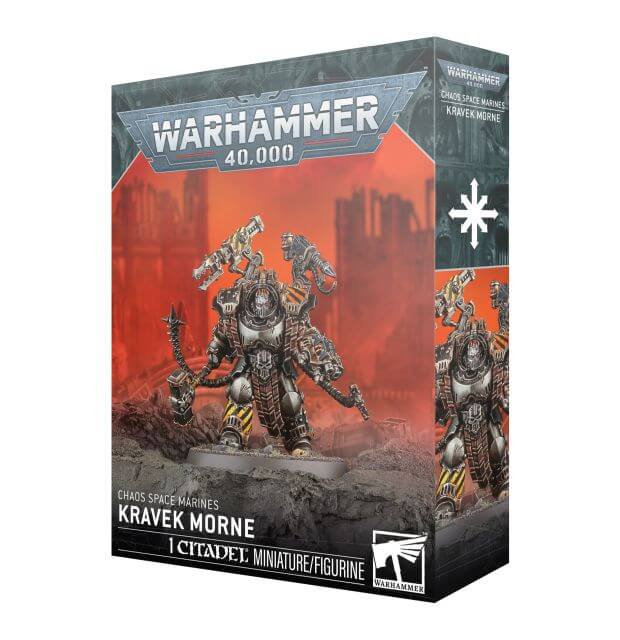 Warhammer 40,000 Chaos Space Marines Kravek Morne figurine packaging on a white background