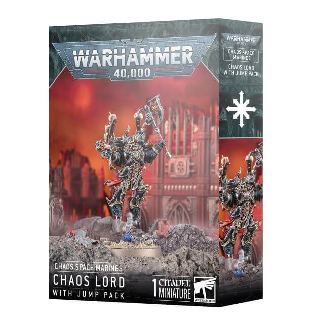 Product packaging for Warhammer 40,000 Chaos Space Marines Lord With Jump Pack miniature. The box features a picture of the miniature in a dynamic pose, with options for customization shown as alternatives.