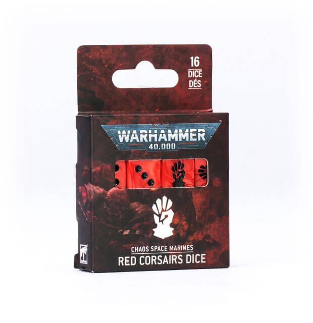Packaged dice set for 'Warhammer 40,000' with red dice on a white background