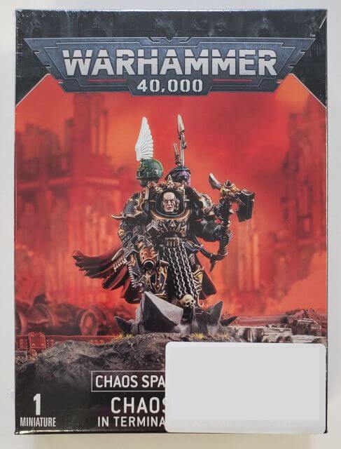 Boxed set of Warhammer 40,000 Chaos Space Marines, featuring a multi-part plastic Chaos Space Marines Terminator Lord and options for a Chaos Space marines Terminator Sorcerer.