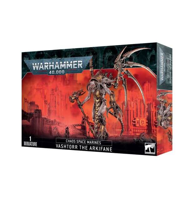 Boxed Warhammer 40,000 miniature depicting a chaotic marine general, Vashtorr the Arkifane, with cybernetic details, holding a twisted hammer and extending a machine claw with a flame weapon.