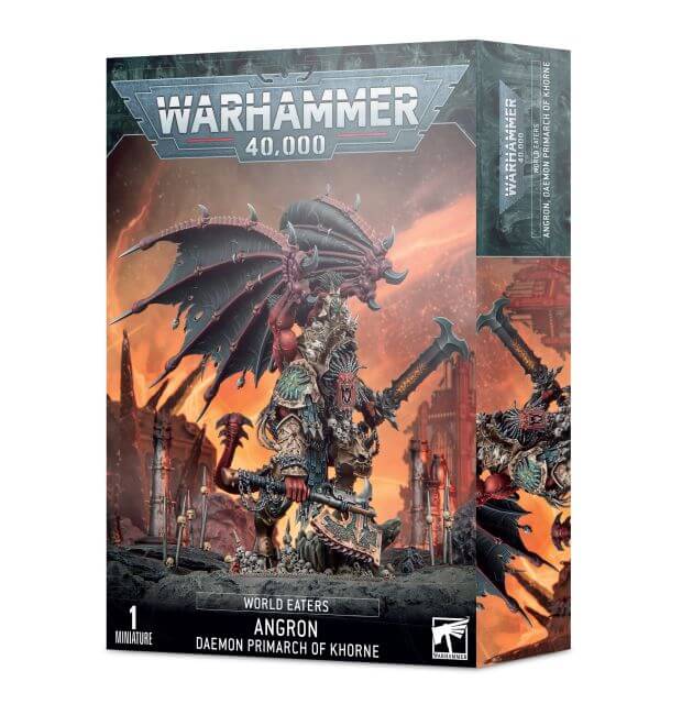 Product packaging for Warhammer 40,000 World Eaters Angron, Daemon Primarch of Khorne miniature, featuring the assembled and painted figure on the box art.