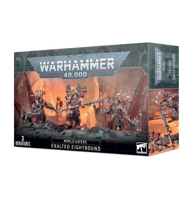Product packaging for 'World Eaters Exalted Eightbound' featuring illustrations of the daemonic warriors with biomechanical armour and chain weapons. The box is marked with 'Warhammer 40,000' branding and includes details of the miniatures and components.