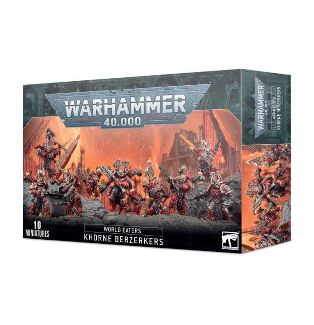 Box cover for Warhammer 40,000 World Eaters Khorne Berzerkers miniature kit, featuring illustrated blood-covered warriors on the front.