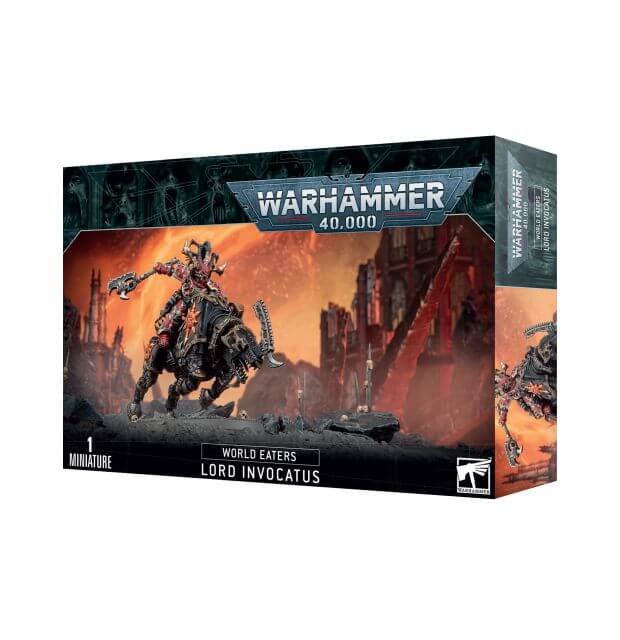 Product packaging for 'World Eaters Lord Invocatus' featuring a miniature from the Warhammer 40,000 series. The box displays the character mounted on a steed with a backdrop of a city under siege.