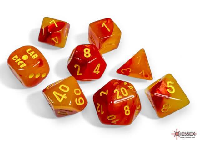 The Chessex gemini Yellow-Red dice set displayed on a white background.