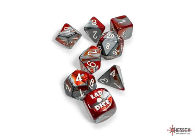 The Chessex gemini red steel dice set displayed on a white background.