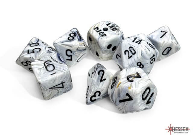 The Chessex Marble Calcite dice set displayed on a white background.