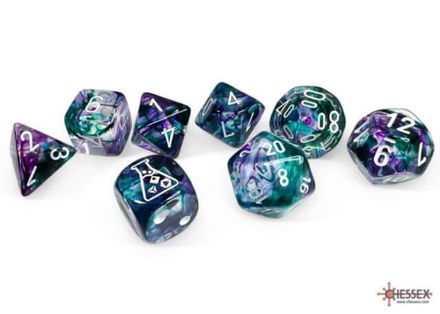 The Chessex Nebula Fluarite dice set displayed on a white background.