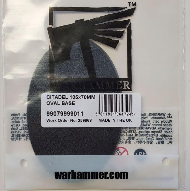 Packaged Citadel 105x70mm Oval Base for model making, with the Warhammer logo visible on the packaging.