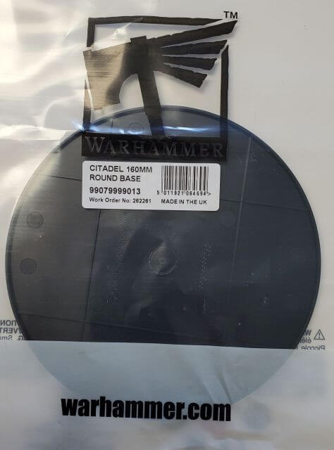 Packaged Citadel 160mm Round Base for miniature figures, displaying the product and brand logo on the top flap.