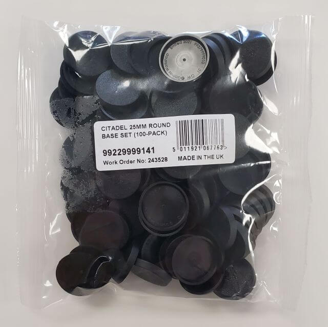 A pack of Citadel 25mm round bases for miniature figures, still in plastic wrapping, displaying the product label and barcode.