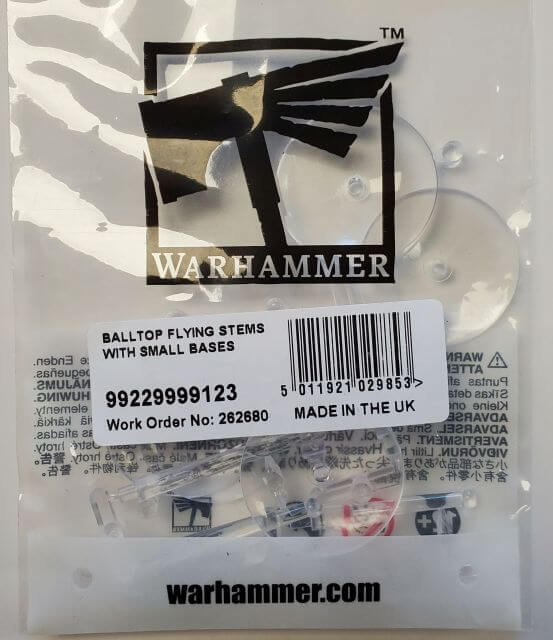 Packaging of Warhammer Citadel Ball Top Flying Stems with small bases, displaying the product and its scale.