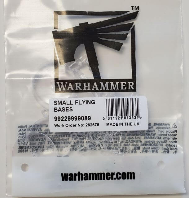 Packaging of Warhammer Citadel Flying Stems with 32mm Flying Bases, showing the product and the Warhammer logo on the top.