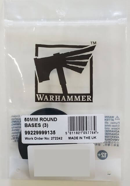 Packaging of Warhammer 50mm round bases, showing the product name and quantity, against a white background.