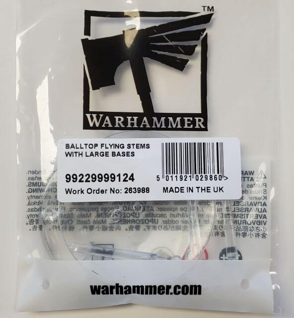 Packaging of Warhammer Ball Top Flying Stems with large bases, indicating the product is made in the UK and includes a barcode and work order number.