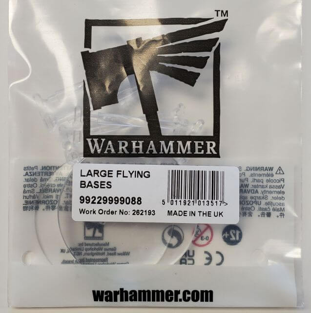 Packaging of Warhammer Large Flying Bases, showing the product and the Warhammer logo.