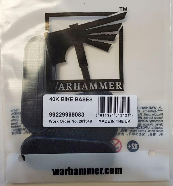 Packaging of Warhammer 40K bike bases showing a single base and the Warhammer logo.
