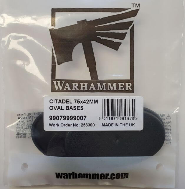 Packaging of Citadel 75x42mm Oval Bases with the Warhammer logo, product information, and barcode visible.