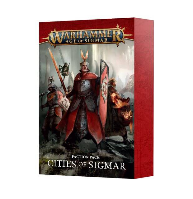 Boxed set of Warhammer Age of Sigmar cards featuring illustrations of fantasy characters and cityscape.