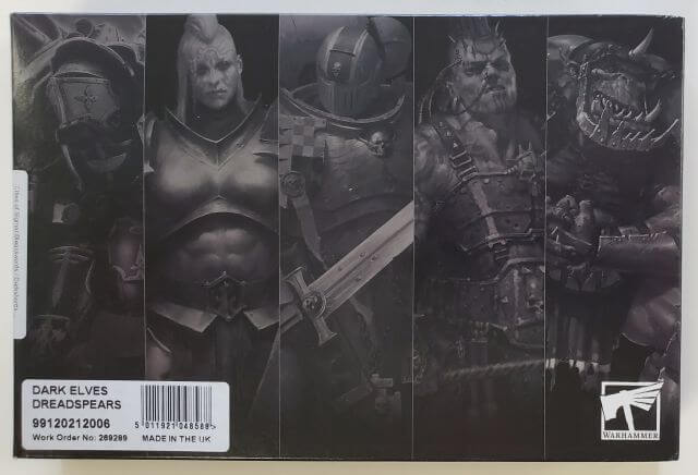 Packaging for 'Cities of Sigmar Bleakswords / Darkshards / Dreadspears' game set, featuring black and white artwork of fantasy characters and equipment.