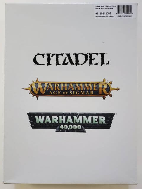 Packaging for Warhammer 40,000 game miniatures featuring a Sorceress on Black Dragon and a Dreadlord on Black Dragon. The box displays the Citadel and Warhammer logos, and mentions the Age of Sigmar setting.
