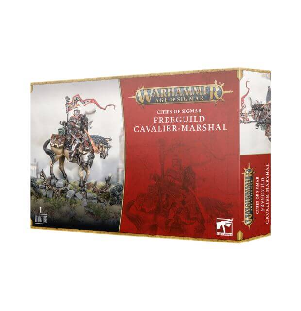 Product packaging for 'Cities of Sigmar Freeguild Cavalier Marshal', featuring an illustration of a knight on horseback with armor and a sword, against a backdrop of a cityscape.
