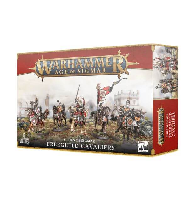 Product packaging for 'Warhammer Age of Sigmar: Cities of Sigmar Freeguild Cavaliers', featuring illustrations of armoured knights on horses, with a city in the background.