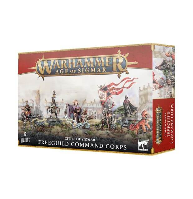 Box cover for Warhammer Age of Sigmar game, featuring illustrations of fantasy characters and creatures, with the product name 'Cities of Sigmar Freeguild Command Corps' highlighted.