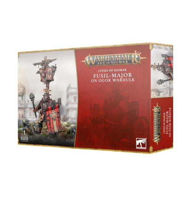 Product packaging for 'Cities of Sigmar Fusil-Major On Ogor Warhulk', featuring illustrations of the characters and their equipment, with red and grey color scheme.