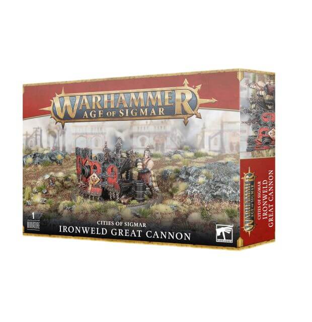 Product packaging for 'Cities of Sigmar Ironweld Great Cannon' featuring illustrations of the Warhammer Age of Sigmar game, showing the Ironweld Great Cannon and its crew on the front.
