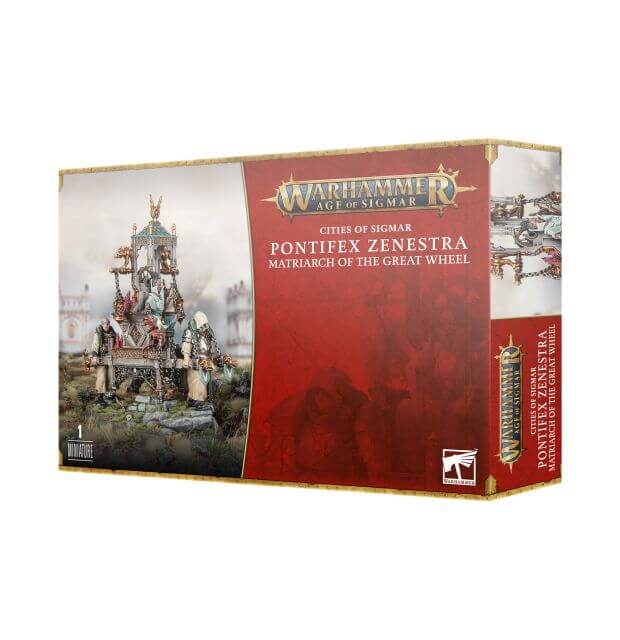 Product packaging for 'Cities of Sigmar Zenestra Matriarch of the Great Wheel' featuring an illustration of a character on a palanquin with gargoyles and a citadel.