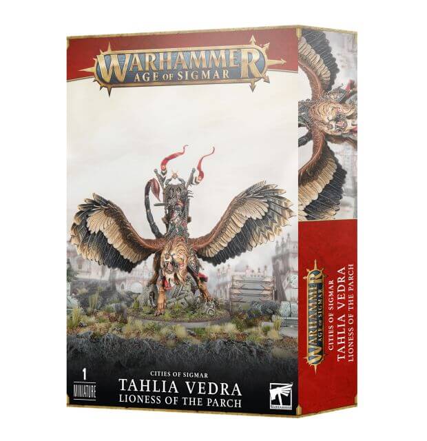 Product packaging for Warhammer Age of Sigmar, featuring an illustration of Tahlia Vedra, the Lioness of the Parch, mounted on a winged creature with a scorpion's tail.