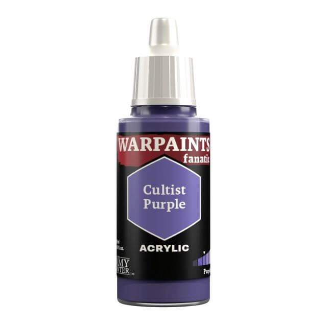 A bottle of Warpaints Fanatic Cultist Purple acrylic paint.