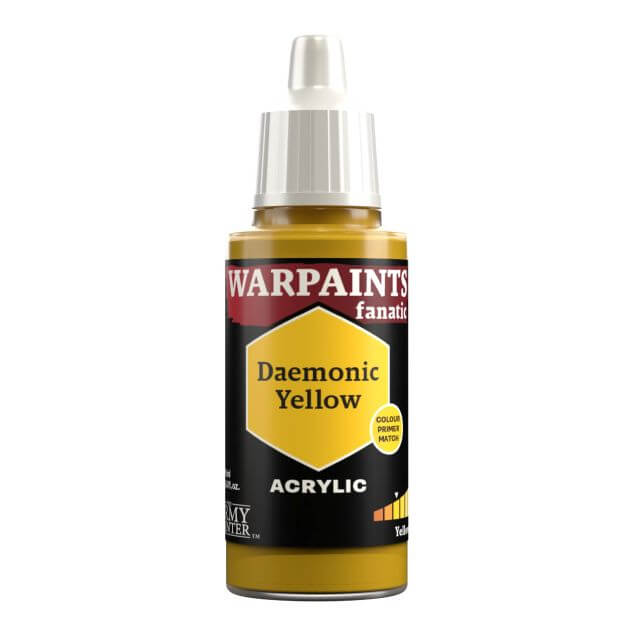 A bottle of Warpaints Fanatic: Daemonic Yellow acrylic paint.