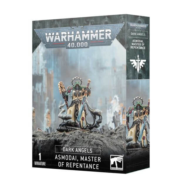 Product packaging for Warhammer 40,000 Dark Angels Asmodai Master of Repentance miniature, featuring the assembled and painted figure on the front.