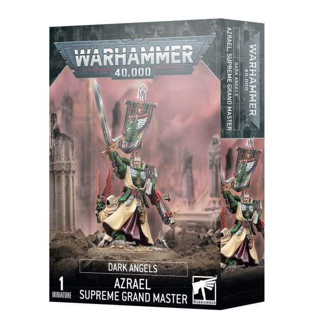 Product packaging for Warhammer 40,000 Dark Angels Azrael, Supreme Grand Master miniature. The box features an illustration of Azrael in his armor, holding a sword and a combi-plasma weapon.