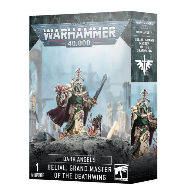 Product packaging for Warhammer 40,000 Dark Angels Belial Grand Master of the Deathwing miniature. The box features an illustration of Belial, a character in ornate tactical armor, holding a sword and a bolter.