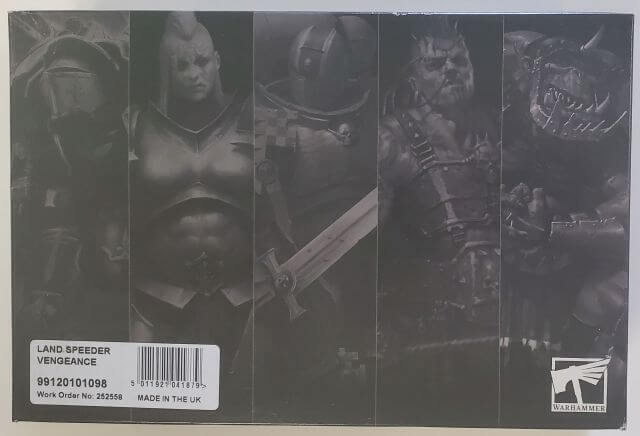 Unpainted model kit components for a Ravenwing Darkshroud or Land Speeder Vengeance, depicting armored figures and a flying base.