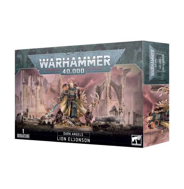 Product packaging for Warhammer 40,000 Dark Angels Lion El'Johnson miniature, featuring the miniature on a base with a pink and purple themed backdrop.
