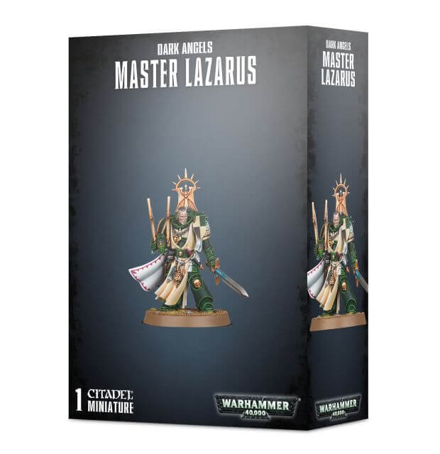 Packaging for Dark Angels Master Lazarus miniature in Warhammer 40,000 series.