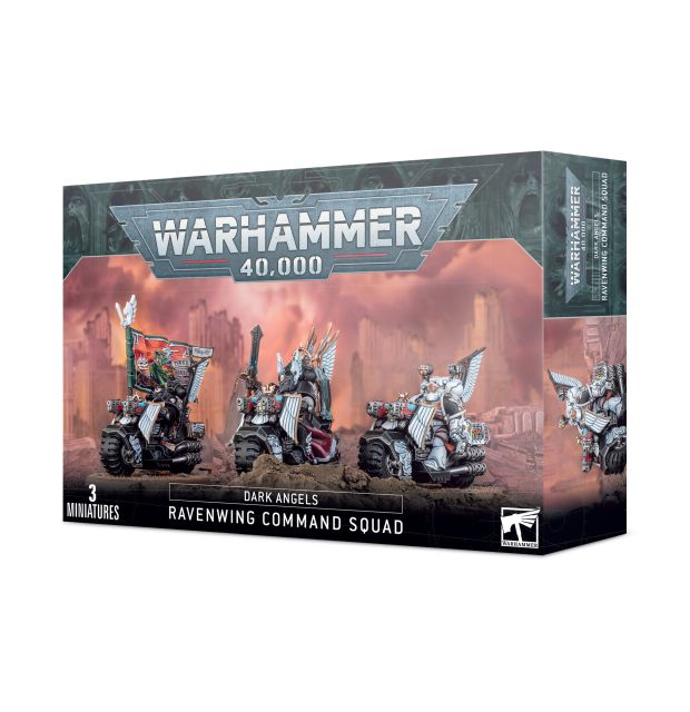 Product packaging for Warhammer 40,000 Dark Angels Ravenwing Command Squad miniatures, featuring images of the assembled models and a desert backdrop.