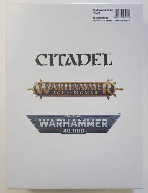 Packaging for Citadel Warhammer 40,000 Ravenwing Dark Talon miniature kit, featuring the product name and Warhammer logos.